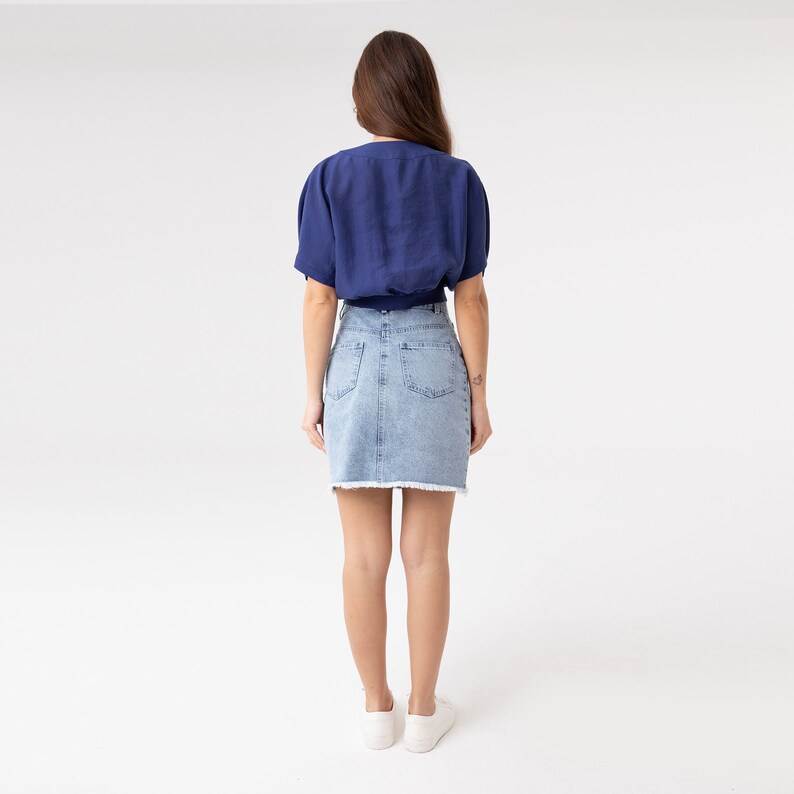 Short Sleeve Cropped Shirt, Oversized Crop Shirt, Front Button Detail Blouse, Summer Blouse, Crop Top Blue, V-Neck Crop Top, Bell Sleeve Top image 4