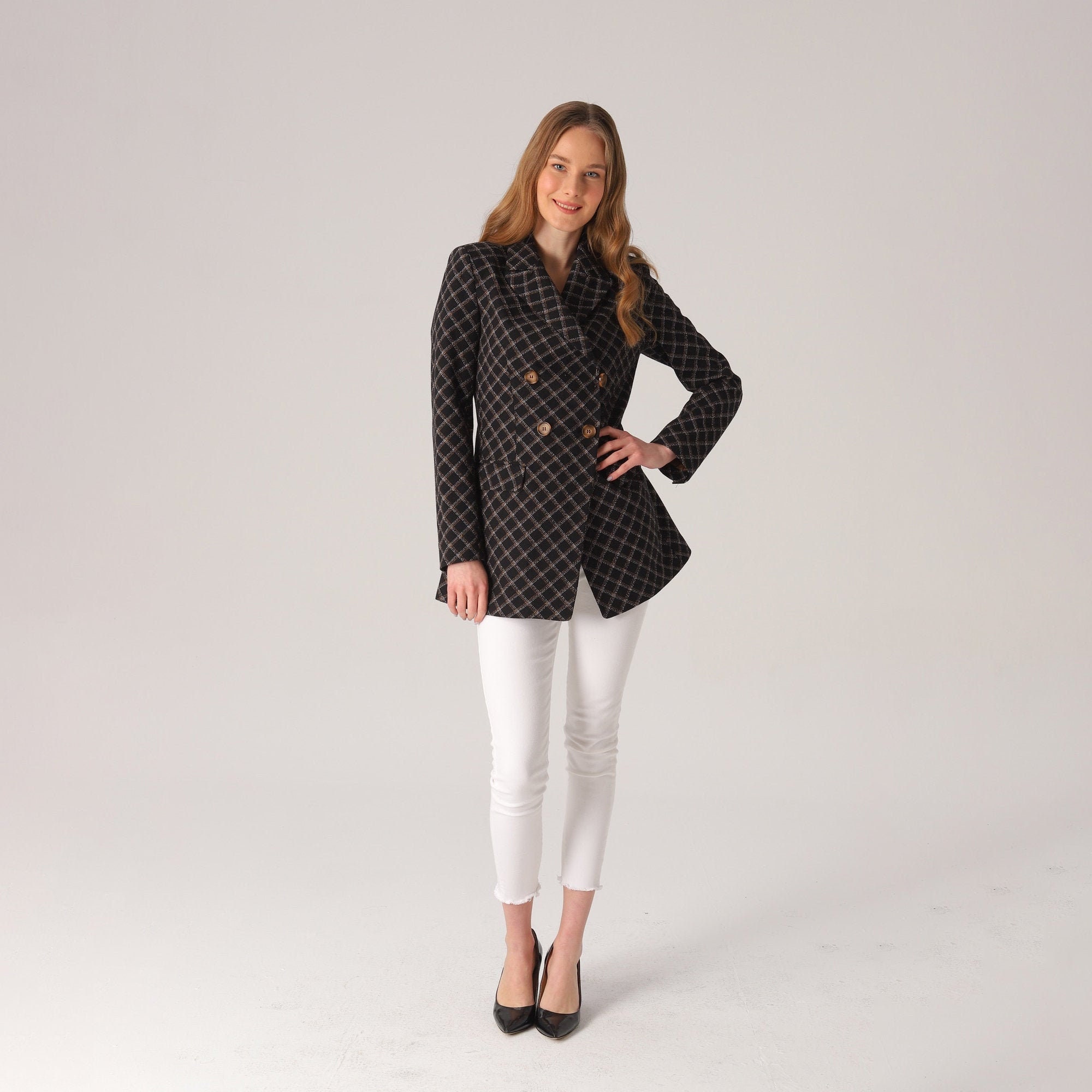 Double Breasted Checkered Formal Blazer Brown Lapel Blazer Etsy