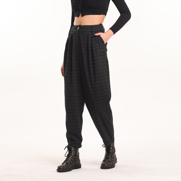 Plaid High Wasted Pants for Women, both comfy and stylish! Black Tapered Pants, Black Carrot Pants, Cotton Pants for Women, Loose Fit Pants