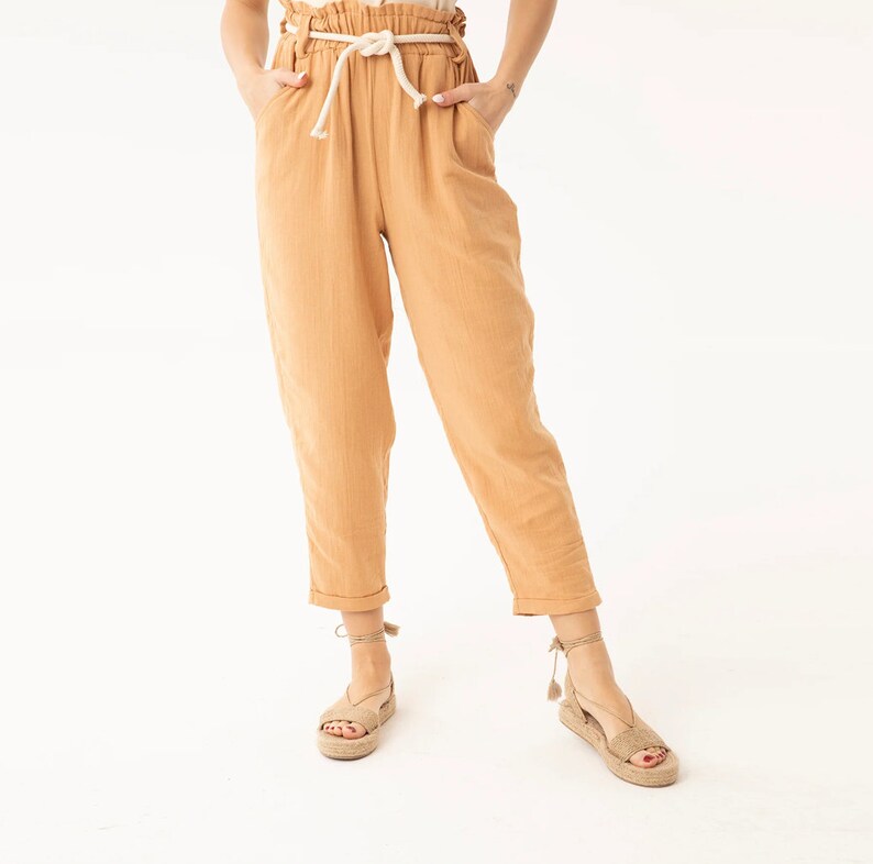 Paperbag High Waist Tapered Pants, Elastic Waist Cotton Pants, Relaxed Cropped Trousers Loose Casual Cotton Trousers Spring Boho Ankle Pants Camel