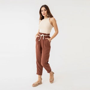 Paperbag High Waist Tapered Pants, Elastic Waist Cotton Pants, Relaxed Cropped Trousers Loose Casual Cotton Trousers Spring Boho Ankle Pants Brown