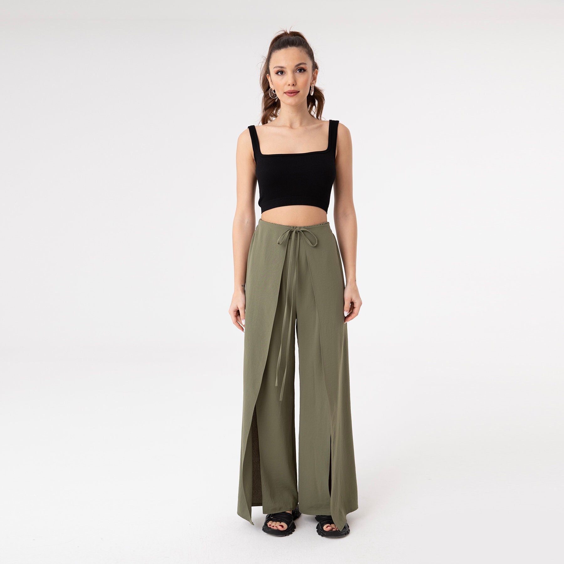 Palazzo Wrap Pants for Women, Tie Waist Wide Leg Pants