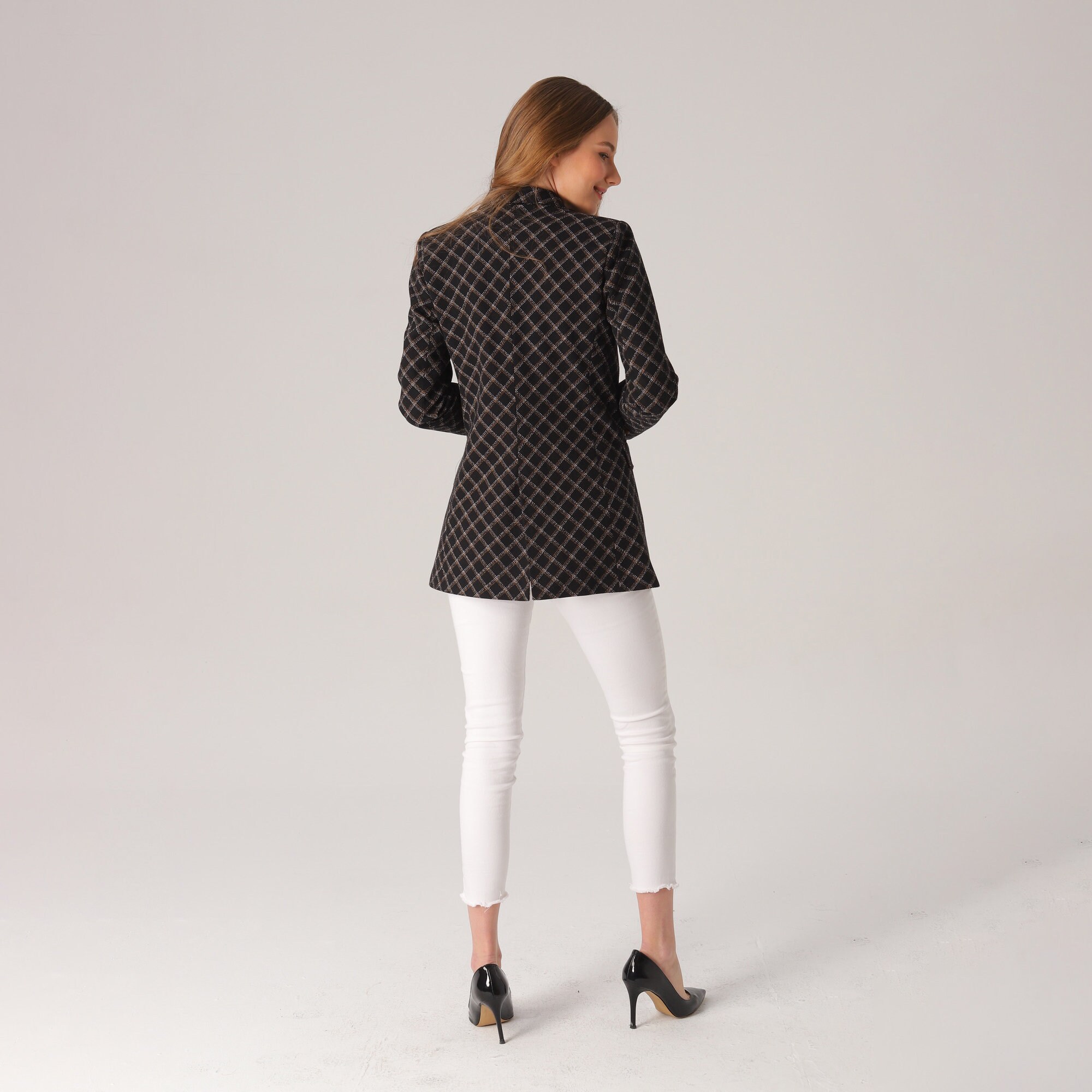 Double Breasted Checkered Formal Blazer Brown Lapel Blazer Etsy