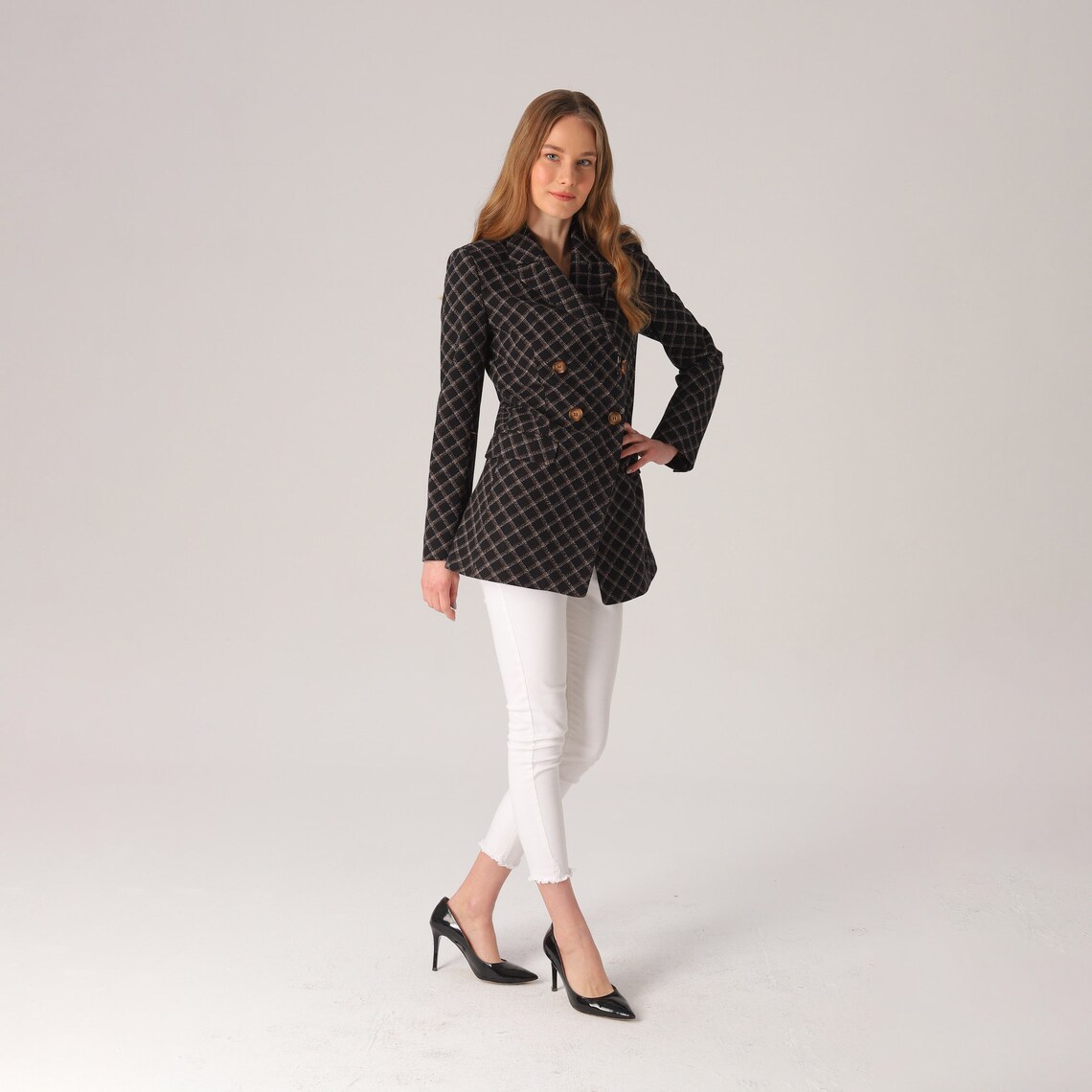 Double Breasted Checkered Formal Blazer Brown Lapel Blazer Etsy