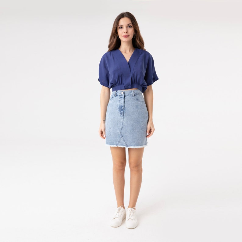 Short Sleeve Cropped Shirt, Oversized Crop Shirt, Front Button Detail Blouse, Summer Blouse, Crop Top Blue, V-Neck Crop Top, Bell Sleeve Top image 2