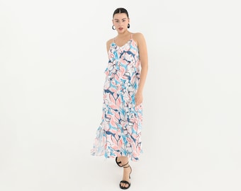 Floral Print Ruffle Detail Maxi Dress, V-Neck Summer Dress, Spaghetti Strap Dress, Floral Print Dress, Ruffle Trim Dress, Vacation Outfit