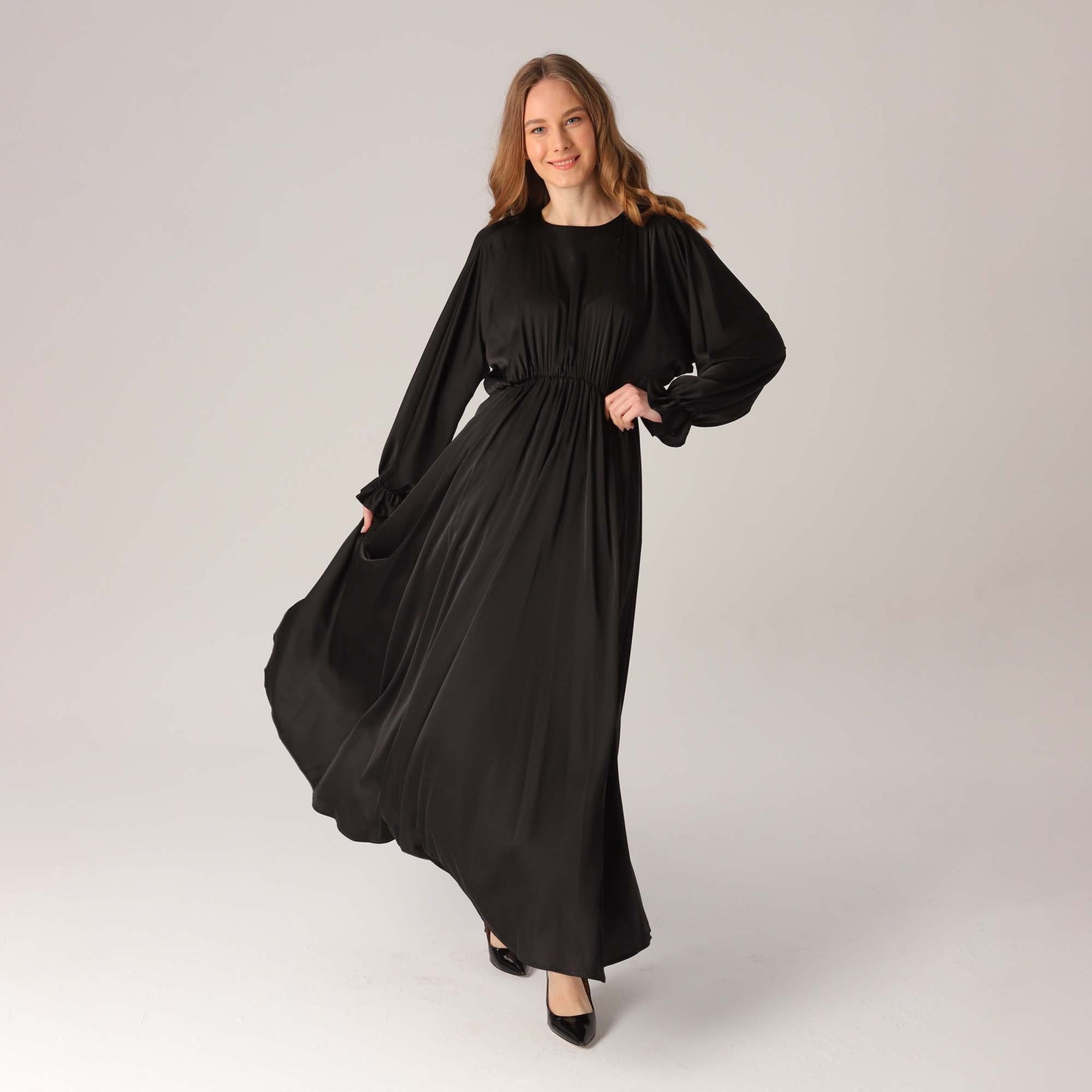 Black Silk Satin Dress Elastic Waist Maxi Dress Long Sleeve | Etsy