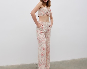 High-Waisted Wide Leg Pants, High-Rise Pants, Vacation Palazzo Pants, Floral Wide Trousers, Straight Leg Pants, White Long Trousers Summer