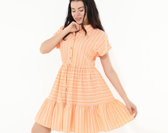 Tiered Mini Shirtdress, Striped Mini Dress, Tiered Mini Dress, Striped A-Line Dress, Short Sleeve A-Line Dress, Collared Ruffled Shirt Dress