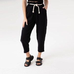 Paperbag High Waist Tapered Pants, Elastic Waist Cotton Pants, Relaxed Cropped Trousers Loose Casual Cotton Trousers Spring Boho Ankle Pants Black