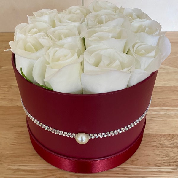 Burgundy Red Hat Box with White Fabric Roses