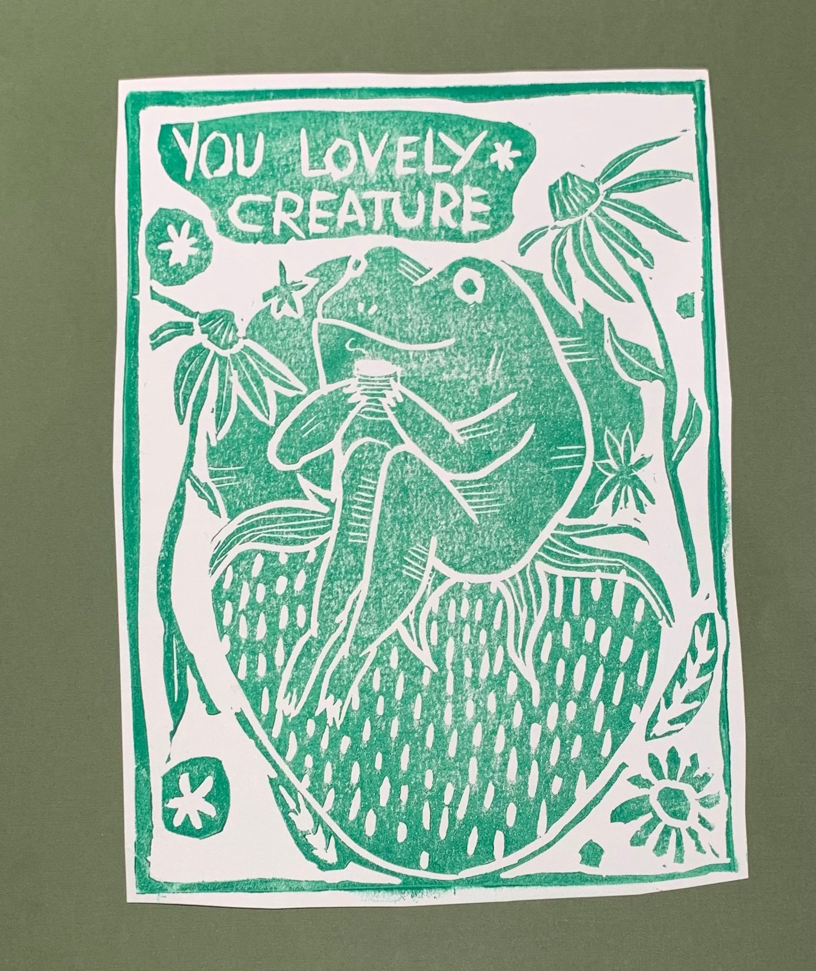 Frog lino-cut print | Etsy