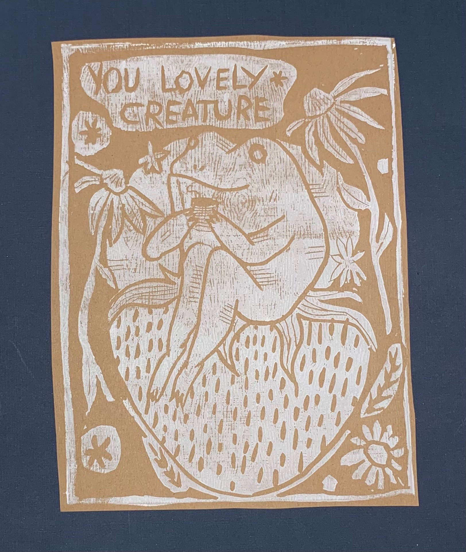 Frog lino-cut print | Etsy