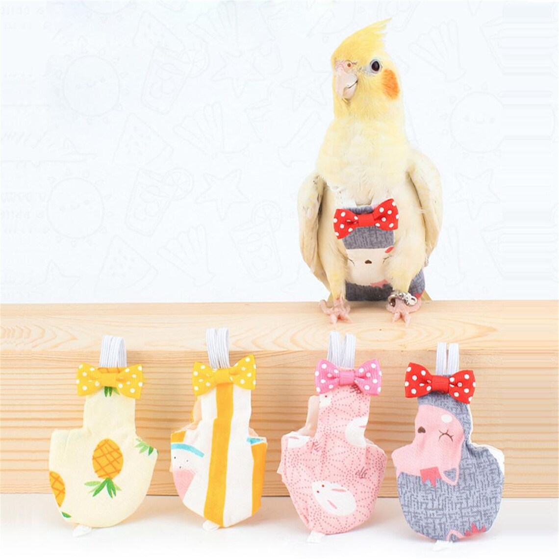 ZUARFY Parrot Diaper With Bowtie Cute Colorful Fruit Floral Cockatiel Pigeons Small Medium Large Pet Birds Flight Suit Clothes Washable Supplies