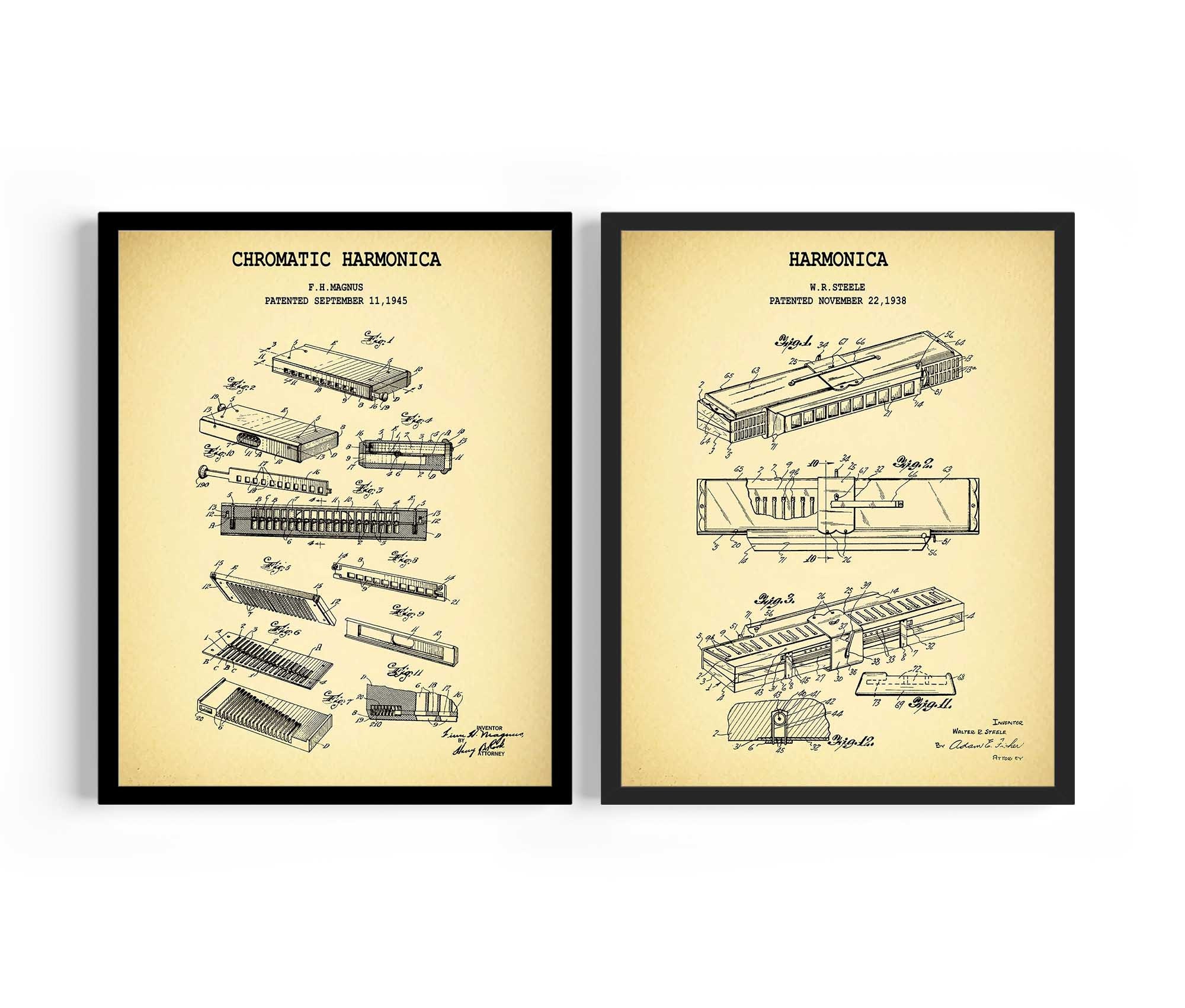 Art & Collectibles Prints Chromatic Harmonica Patent Print Set of 2 ...
