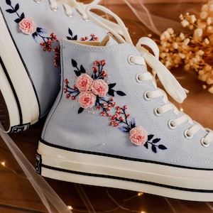 Converse Embroidery High Tops Flowers, Rose Embroidered Shoes Custom, Wax Flowers Converse Embroidery, Floral Converse Light Blue for Women