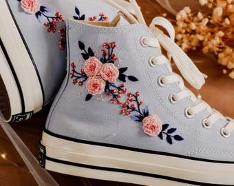 Converse Embroidery High Tops Flowers, Rose Embroidered Shoes Custom, Wax Flowers Converse Embroidery, Floral Converse Light Blue for Women