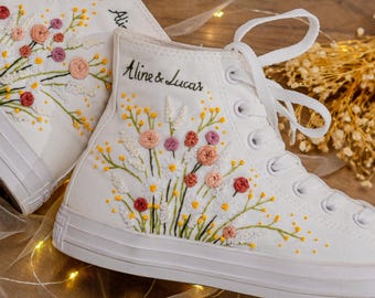 Zapatillas Converse para novia, zapatos de plataforma con bordado de flores para boda, zapatillas nupciales con bordado de flores, zapatillas nupciales personalizadas
