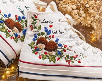 Custom Embroidered Converse High Top Womens, Converse Embroidery Mushroom Forest And Names, Personalized Sneakers Embroidered, Wedding Gift