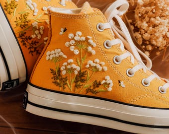 Converse Chuck Taylor personalizadas con flores de jardín bordadas, zapatillas Converse con flores de diente de león bordadas, zapatillas personalizadas con flores bordadas