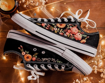 Custom Embroidered Converse Low Top,  Burnt Orange Flowers Embroidered Converse, Name and Sunflowers Embroidered Shoes, Boho Wedding Gifts