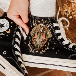 Custom Embroidered Converse, Dried Butterfly Embroidered Converse, Atlas Moth Embroidered Sneakers, Attacus Atlas, Insect Embroidery Sneaker