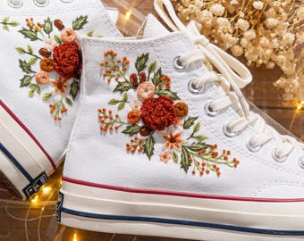 Converse Chuck Taylor High Top con bordado personalizado, zapatillas Converse con rosa bordada, zapatos de boda personalizados, Converse para novia, regalo para mujer