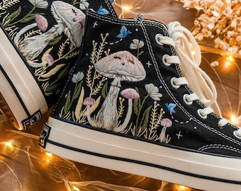 Custom Embroidered Sneakers, Mushrooms Embroidered Converse Shoes, Mushrooms Embroidered Custom, Butterfly, Mushrooms Embroidered Sneakers