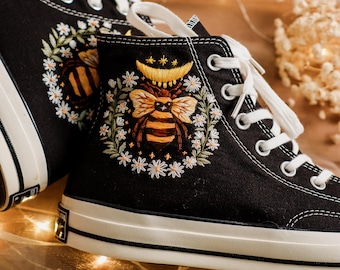 Custom Embroidered Converse, Vintage Bee Embroidered Shoes, Converse Embroidery Gothic Floral Bee, Animal Cross Stitch Embroidered Sneakers