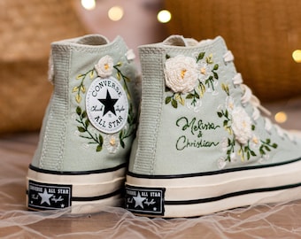 Converse Chuck Taylor High Top con bordado de flores y nombre, zapatos de novia, regalo de boda