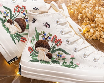 Custom Embroidered Converse High Tops, Converse Shoes Embroidery Mushroom Floral, Custom Sneakers Embroidered With Fairycore Decor, Gift Her