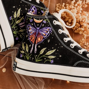 Purple Moth Butterfly Embroidered Converse, Gothic Witchy Boho Embroidered Sneakers, Shoes Embroidery Luna Moth, Moth and Moon Lover Gift