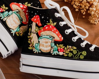 Frog and Mushroom Embroidered Converse Platform, Mushrooms Embroidered Shoes, Custom Converse Platform Embroidered Fog, Mushrooms Gifts