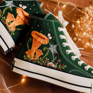 Custom Mushroom Embroidered Converse High Tops, Converse Embroidery Flower, Green Mushroom Embroidered Shoes, Personalized Mushroom Converse