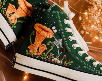Custom Mushroom Embroidered Converse High Tops, Converse Embroidery Flower, Green Mushroom Embroidered Shoes, Personalized Mushroom Converse