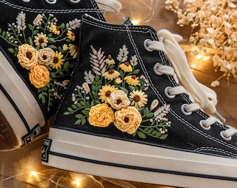 3D Floral Wedding Sneakers, Custom Sunflower Embroidered Bridal Shoes, Vintage Bouquet High Tops, Floral Garden Embroidery Wedding Shoes