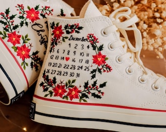 Custom Embroidered Wedding Converse, Bridal Flowers, Anniversary Embroidery Converse Shoes, Merry Christmas Bouquets Embroidered Sneakers