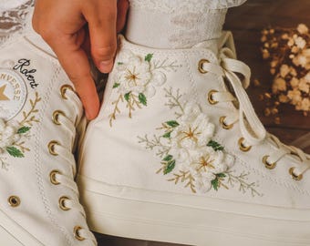 Wedding High Top Platform Converse, White Luxury Embroidered Converse,  Shoes for Bride, Custom Converse Platform Embroidery Flowers Sneaker