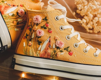 Converse bordadas, Zapatillas con bordado de zorro, Converse de caña alta con bordado de zorro, Flores silvestres, Rosa, Zapatillas con bordado de fresa, Regalos de zorro