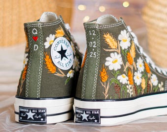 Embroidered Chrysanthemum Converse: Wheat and Floral Embroidery Sneakers
