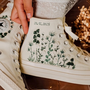 Wedding Converse, White Wedding Bouquet Embroidered Converse for Bride, Peony Flower Embroidered Wedding Sneaker, Bridal Converse Embroidery