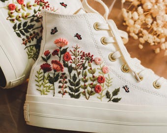 Wedding Converse Embroidered Flowers, Bridal Flowers Embroidered Shoes, Wildflowers Embroidery Sneaker Custom, Platform Bridal Shoes