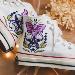 Embroidered Converse, Skull Moth Butterfly Embroidered Shoes, Custom Converse Embroidery luna moth, Gothic Moon Witch, Moth, Moon Lover Gift