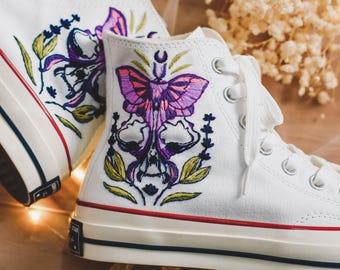 Embroidered Converse, Skull Moth Butterfly Embroidered Shoes, Custom Converse Embroidery luna moth, Gothic Moon Witch, Moth, Moon Lover Gift