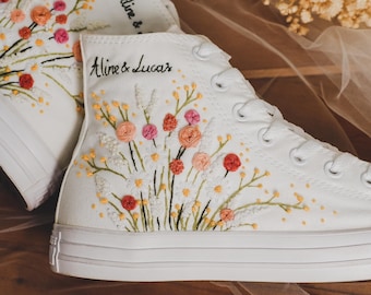 Wedding Converse for Bride, Flowers Embroidered Converse, Wedding Sneaker, Custom Bridal Converse Embroidery Rose, Daisy Embroidered Shoes
