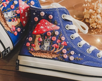Mushroom Converse, Cat and Mushroom Embroidered Converse,  Mushroom Wildflower Embroidered Shoes, Pet Embroidered Navy Blue Converse Sneaker