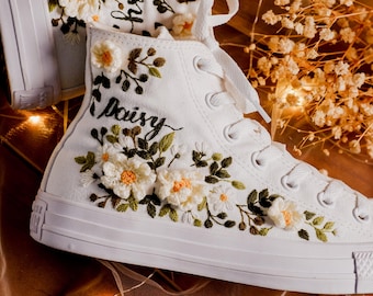 Custom Wedding Converse Embroidery Floral, Name, Flowers Embroidered Shoes for Bride, Flowers Embroidered Bridal Sneakers Wedding Flowers