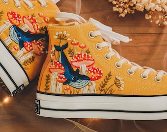 Custom Converse Taylor 1970s Blue Whale Embroidered Shoes, Red Mushroom Embroidered Sneaker, Shoes Embroidery Whale, Flower, Mushroom Gifts