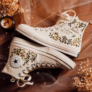 Custom Wedding Converse High Tops, Bridal Flowers Embroidered Shoes, Wedding Flowers Embroidered Sneakers, Personalized Gifts for Girlfriend