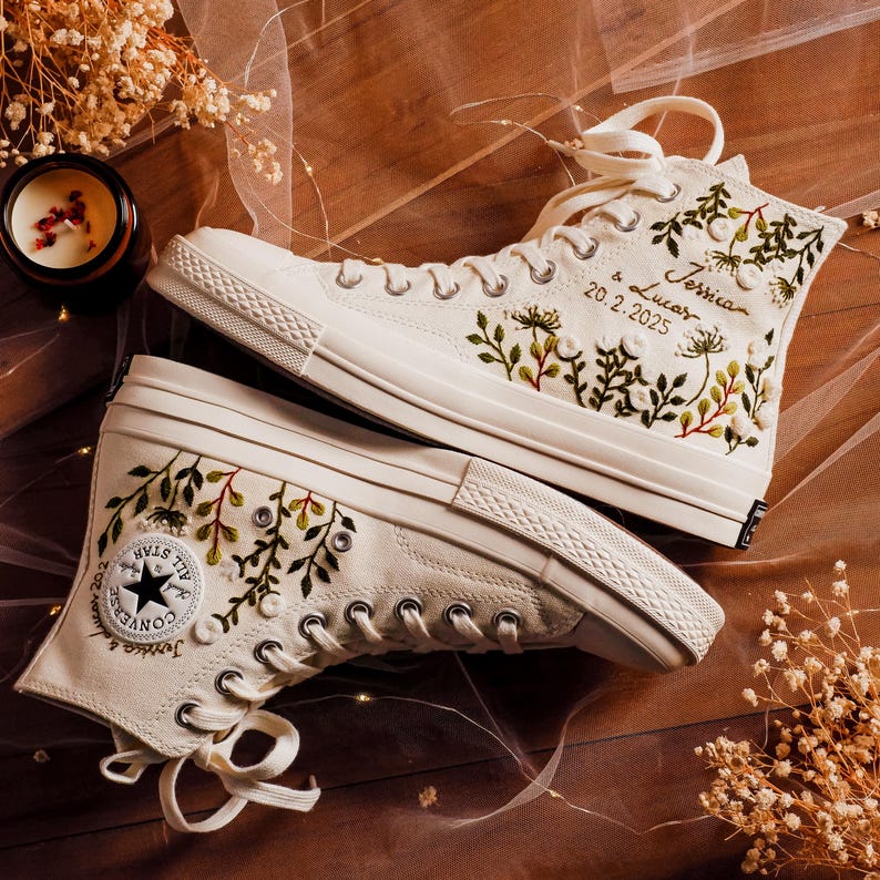 Custom Wedding Converse High Tops, Bridal Flowers Embroidered Shoes, Wedding Flowers Embroidered Sneakers, Personalized Gifts for Girlfriend